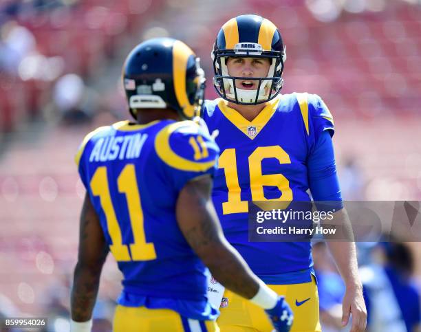 Jared Goff of the Los Angeles Rams and Tavon Austin warm up before the game against the Seattle Seahawks at Los Angeles Memorial Coliseum on October...