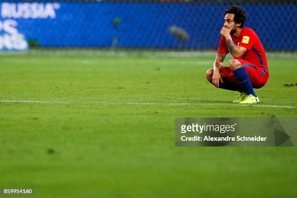 Valdivia of Chile reacts after losing the match between Brazil and Chile for the 2018 FIFA World Cup Russia Qualifier at Allianz Parque Stadium on...