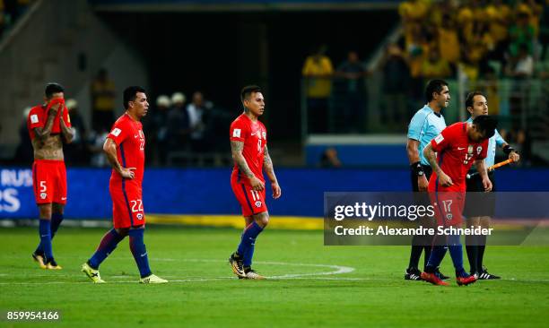 Players of Chile react after losing the match between Brazil and Chile for the 2018 FIFA World Cup Russia Qualifier at Allianz Parque Stadium on...