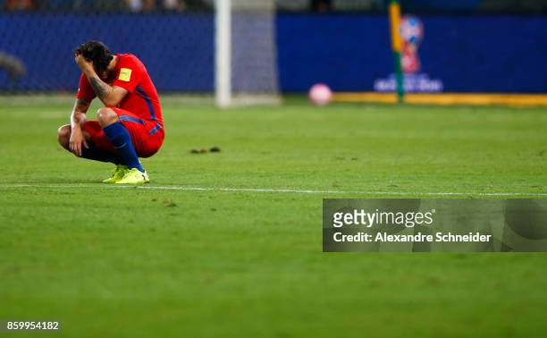 Valdivia of Chile reacts after losing the match between Brazil and Chile for the 2018 FIFA World Cup Russia Qualifier at Allianz Parque Stadium on...