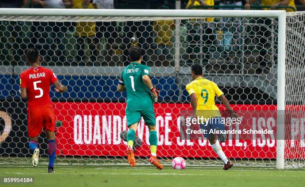 Gabriel Jesus of Brazil scores their thirth goal during the match between Brazil and Chile for the 2018 FIFA World Cup Russia Qualifier at Allianz...