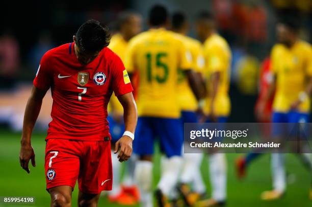 Alexis Sanches of Brazil reacts during the match between Brazil and Chile for the 2018 FIFA World Cup Russia Qualifier at Allianz Parque Stadium on...