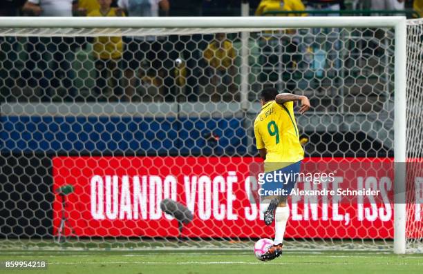 Gabriel Jesus of Brazil scores their thirth goal during the match between Brazil and Chile for the 2018 FIFA World Cup Russia Qualifier at Allianz...