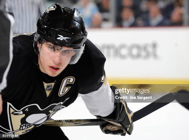 Sidney Crosby of the Pittsburgh Penguins looks on during the game against the Philadelphia Flyers during game one of the Eastern Conference...