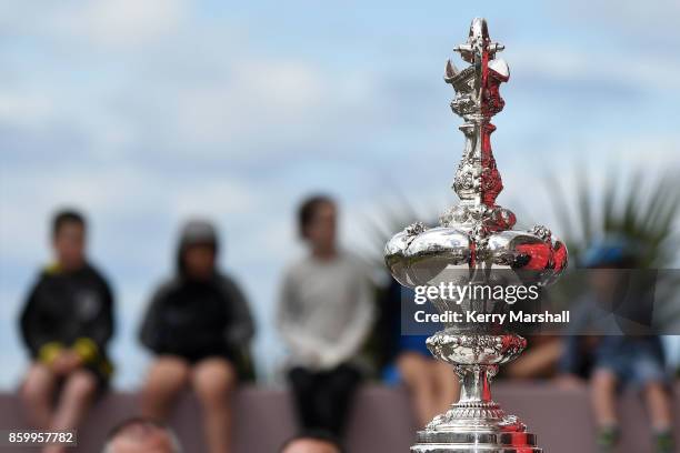 The America's Cup on display to the public at the Sound Shell on the Marine Parade during the America's Cup Regional Tour on October 11, 2017 in...