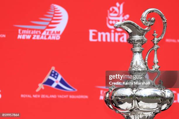 The America's Cup on display to the public at the Sound Shell on the Marine Parade during the America's Cup Regional Tour on October 11, 2017 in...