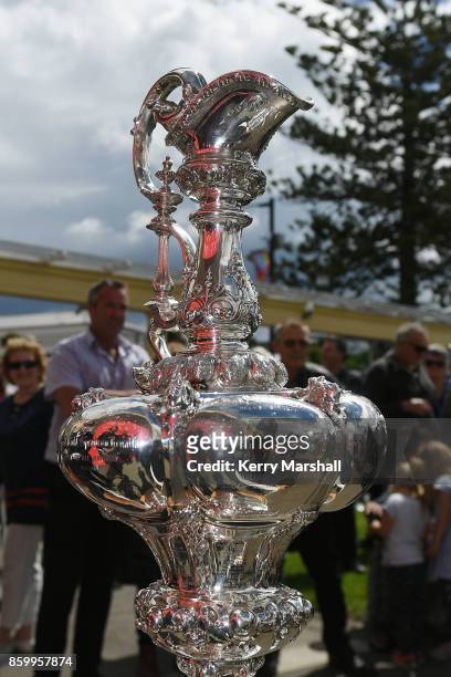 The America's Cup on display to the public at the Sound Shell on the Marine Parade during the America's Cup Regional Tour on October 11, 2017 in...