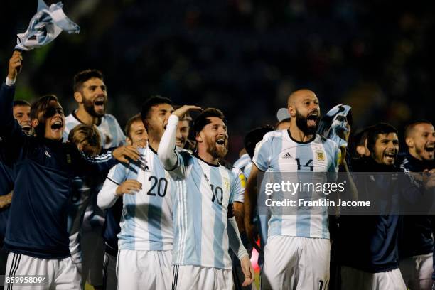 Lionel Messi celebrates with teammates qualifying to the World Cup after winning a match between Ecuador and Argentina as part of FIFA 2018 World Cup...