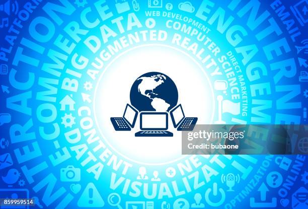 laptops and global network icon on internet modern technology words background - hybrid learning stock illustrations