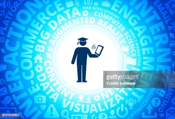 graduate holding tablet icon on internet modern technology words background - hybrid learning stock illustrations