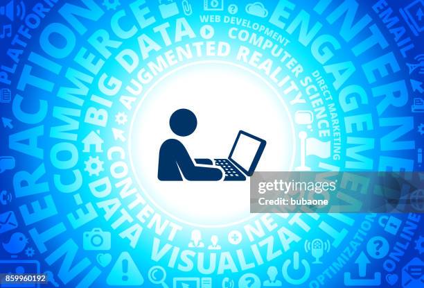 stick figure and laptop icon on internet modern technology words background - hybrid learning stock illustrations