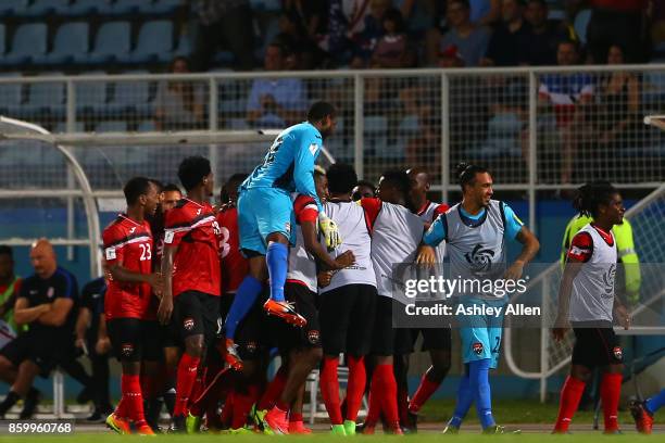 Trinidad and Tobago celebrate their second goal during the FIFA World Cup Qualifier match between Trinidad and Tobago at the Ato Boldon Stadium on...