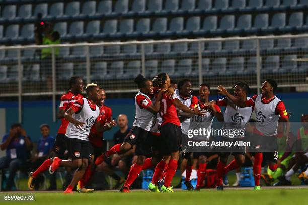 Trinidad and Tobago celebrate their second goal during the FIFA World Cup Qualifier match between Trinidad and Tobago at the Ato Boldon Stadium on...
