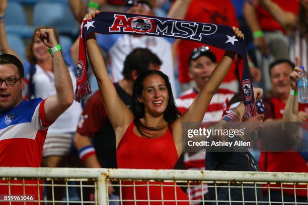 Fans cheer during the FIFA World Cup Qualifier match between Trinidad and Tobago at the Ato Boldon Stadium on October 10, 2017 in Couva, Trinidad And...