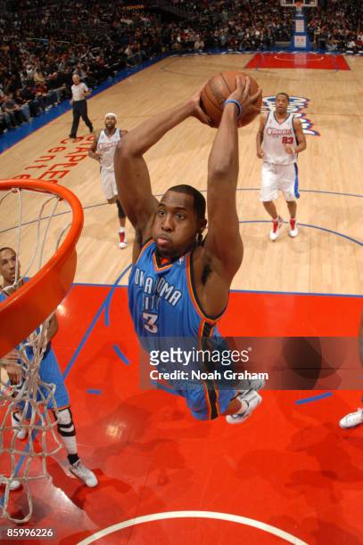 White of the Oklahoma City Thunder goes up for a dunk against the Los Angeles Clippers at Staples Center on April 15, 2009 in Los Angeles,...