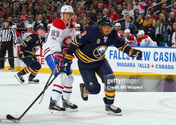 Evander Kane of the Buffalo Sabres skates against Ales Hemsky of the Montreal Canadiens during an NHL game on October 5, 2017 at KeyBank Center in...