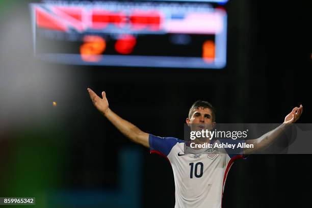 Christian Pulisic of the United States mens national team reacts to the referee's call during the FIFA World Cup Qualifier match between Trinidad and...