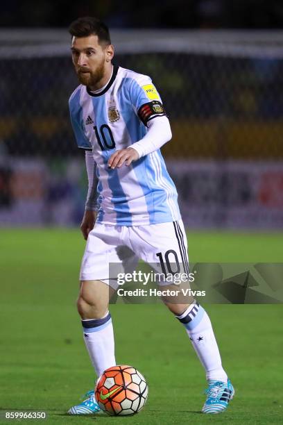 Lionel Messi of Argentina drives the ball during a match between Ecuador and Argentina as part of FIFA 2018 World Cup Qualifiers at Olimpico...