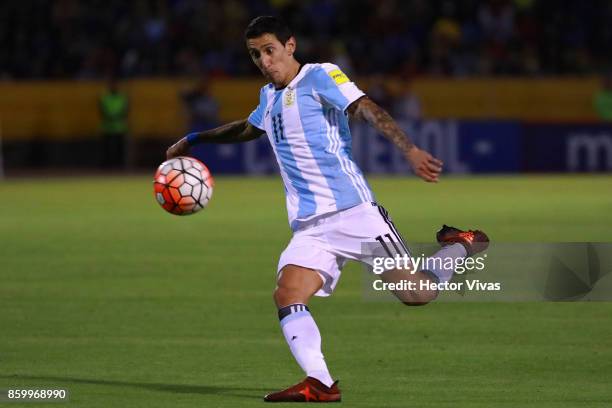 Angel Di Maria of Argentina takes a shot during a match between Ecuador and Argentina as part of FIFA 2018 World Cup Qualifiers at Olimpico Atahualpa...