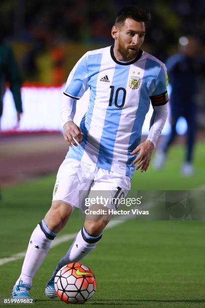 Lionel Messi of Argentina drives the ball during a match between Ecuador and Argentina as part of FIFA 2018 World Cup Qualifiers at Olimpico...