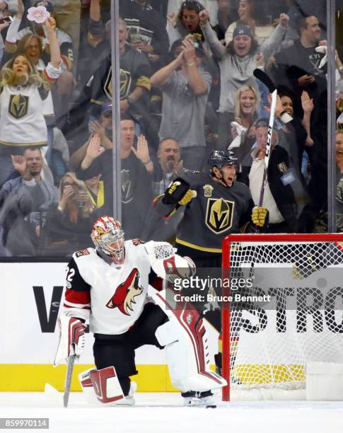 Tomas Nosek of the Vegas Golden Knights celebrates his goal which was the first for the franchise at home against Antti Raanta of the Arizona Coyotes...