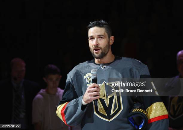 Deryk Engelland of the Vegas Golden Knights addresses the fans on the tradegy of the prior week in Las Vegas prior to the game between the Vegas...