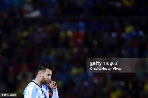 Lionel Messi of Argentina gestures during a match between Ecuador and Argentina as part of FIFA 2018 World Cup Qualifiers at Olimpico Atahualpa...