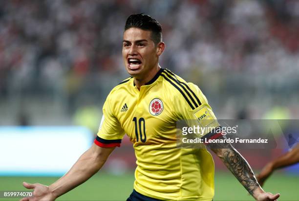 James Rodriguez of Colombia celebrates after scoring the first goal of his team during match between Peru and Colombia as part of FIFA 2018 World Cup...