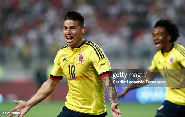 James Rodriguez of Colombia celebrates after scoring the first goal of his team during match between Peru and Colombia as part of FIFA 2018 World Cup...