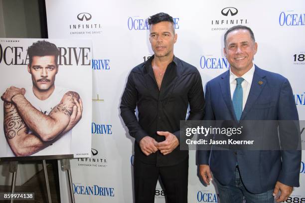 Ricky Martin and Philip Levine attend the Ocean Drive Magazine Benefit for Hurricane Victims in Puerto Rico at the October issue debut at Wall at W...