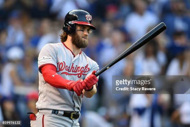 Bryce Harper of the Washington Nationals in the on deck circle during game three of the National League Divisional Series against the Chicago Cubs at...