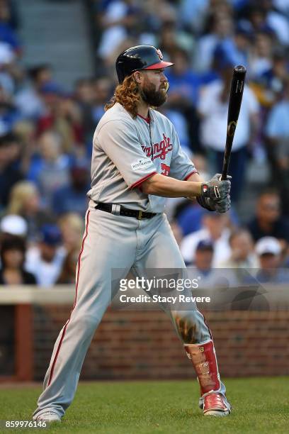 Jayson Werth of the Washington Nationals in the on deck circle during game three of the National League Divisional Series against the Chicago Cubs at...