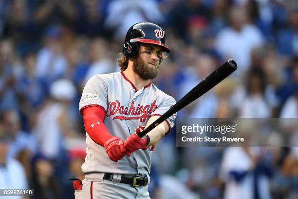 Bryce Harper of the Washington Nationals in the on deck circle during game three of the National League Divisional Series against the Chicago Cubs at...