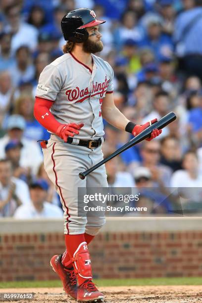 Bryce Harper of the Washington Nationals at bat against the Chicago Cubs during game three of the National League Divisional Series at Wrigley Field...