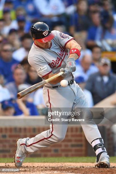 Ryan Zimmerman of the Washington Nationals at bat against the Chicago Cubs during game three of the National League Divisional Series at Wrigley...