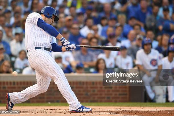 Anthony Rizzo of the Chicago Cubs at bat against the Washington Nationals during game three of the National League Divisional Series at Wrigley Field...