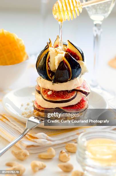 french artisanal goat cheese crottin de chavignol made in ukraine, sliced with figs, honey, cashew, waffles and white dry wine - chavignol stock pictures, royalty-free photos & images