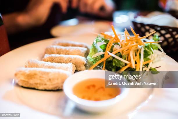 vietnamese food: fried spring rolls - nuoc cham stock pictures, royalty-free photos & images