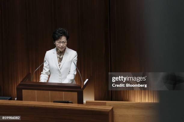 Carrie Lam, Hong Kong's chief executive, speaks during a policy address in the chamber of the Legislative Council in Hong Kong, China, on Wednesday,...