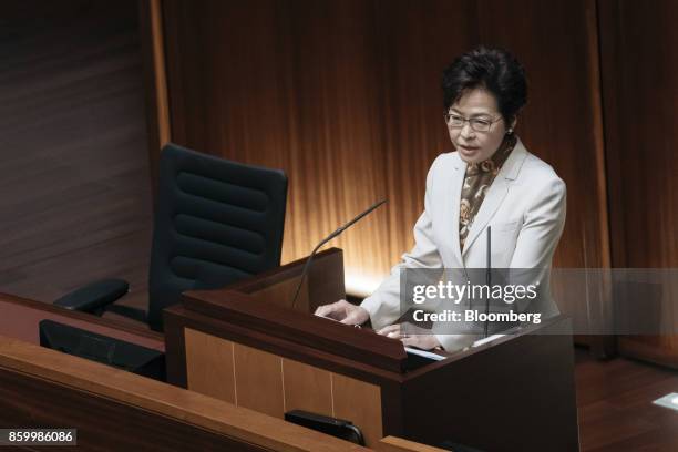 Carrie Lam, Hong Kong's chief executive, speaks during a policy address in the chamber of the Legislative Council in Hong Kong, China, on Wednesday,...