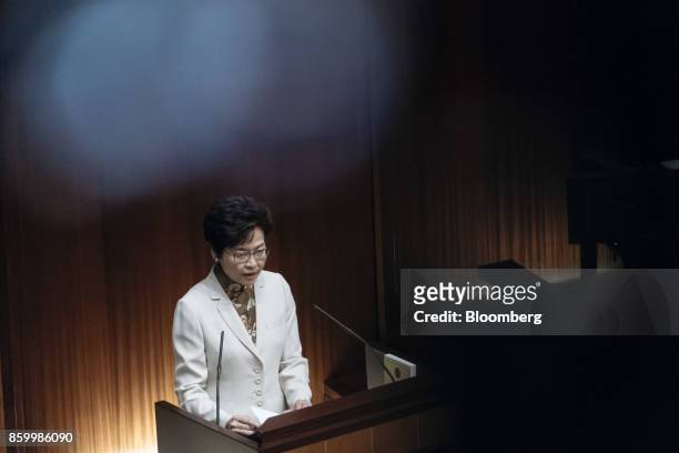 Carrie Lam, Hong Kong's chief executive, speaks during a policy address in the chamber of the Legislative Council in Hong Kong, China, on Wednesday,...