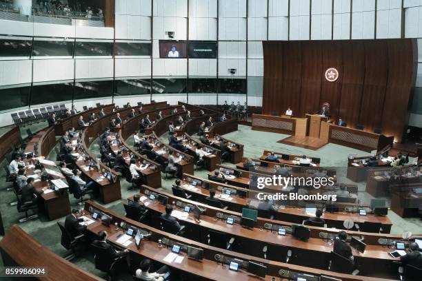 Lawmakers attend a policy address by Hong Kong's Chief Executive Carrie Lam in the chamber of the Legislative Council in Hong Kong, China, on...