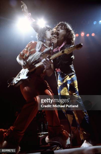 Mick Jagger and Ronnie Wood of the Rolling Stones in concert, 1975.