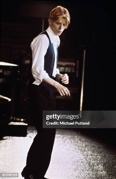 David Bowie performing on the Thin White Duke tour at Wembley, London, 1976.