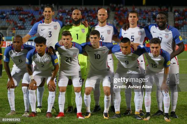 Members of the starting eleven for the United States mens national team pose for a group photo during the FIFA World Cup Qualifier match between...