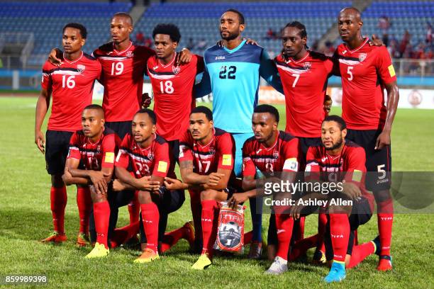 Members of the starting eleven for Trinidad and Tobago pose for a group photo during the FIFA World Cup Qualifier match between Trinidad and Tobago...