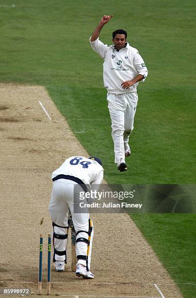 Kabir Ali of Worcester celebrates bowling out David Balcombe of Hampshire during day two of the LV County Championship Division One match between...