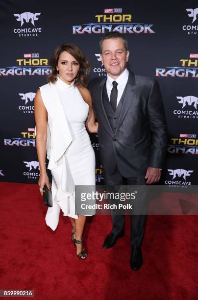 Luciana Damon and actor Matt Damon at The World Premiere of Marvel Studios' "Thor: Ragnarok" at the El Capitan Theatre on October 10, 2017 in...