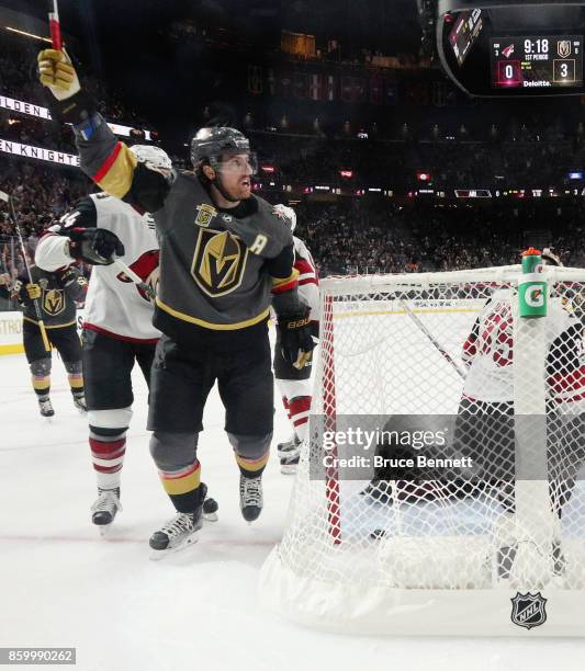 James Neal of the Vegas Golden Knights celebrates his powerplay goal at 10:42 of the first period against the Arizona Coyotes during the Golden...