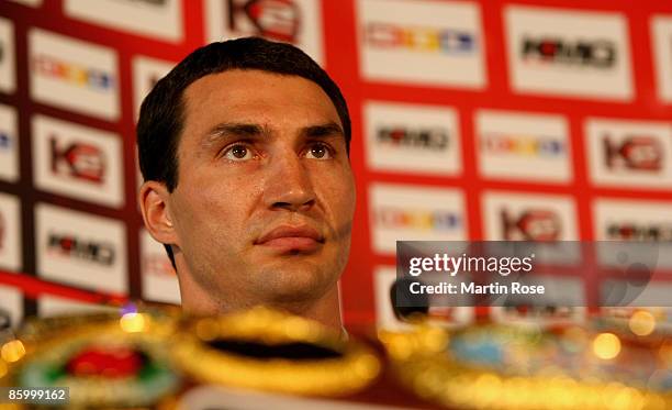 Wladimir Klitschko of Ukraine attends the press conference at the Veltins Arena auf Schalke on April 16, 2009 in Gelsenkirchen, Germany. The IBF -...